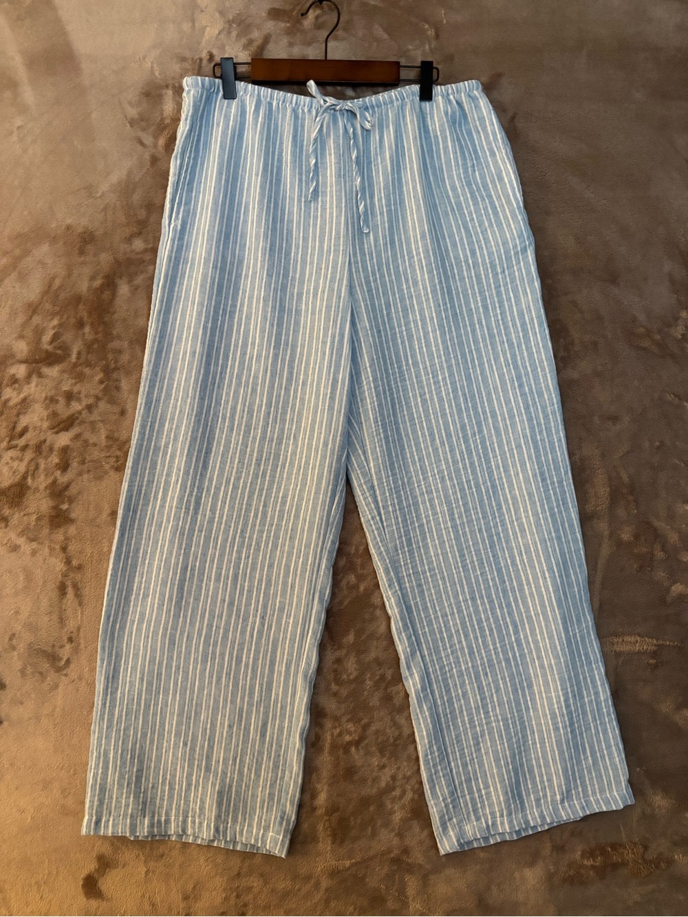 HG Wide Leg Linen Blend Pants Light Blue Stripe Women’s Size XL